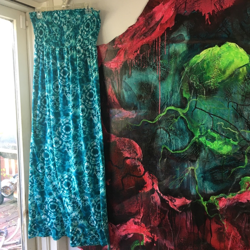 Boho Love Rocks Soft Maxi Dress L Tie Dye Teal
